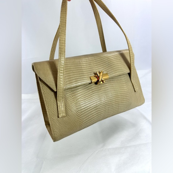 Vintage PALOMA PICASSO beige lizard leather embossed handbag purse X logo - Picture 1 of 16